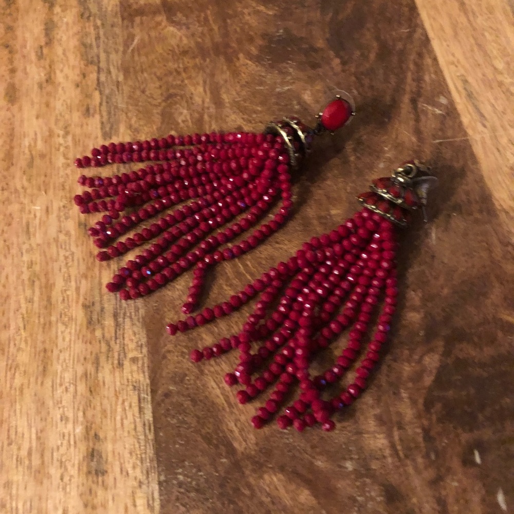 Deep ruby color, beaded tassel statement earrings